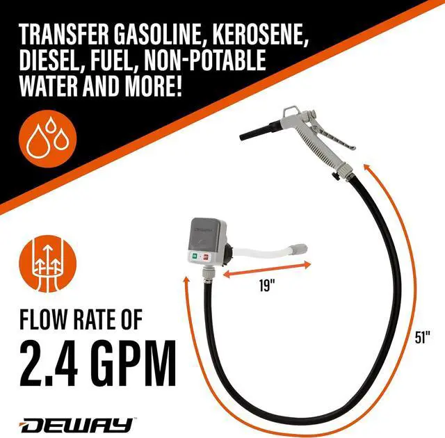 Alt view image 2 of 7 - Fuel Transfer Pump for Gas Can with Manual Hand Trigger Nozzle | Fast 2.4GPM Flow Rate, 51 Heavy Rubber Hose, 4 AA Battery Power & 3 Adapters for Gasoline, Kerosene, Diesel & Non-Potable Water