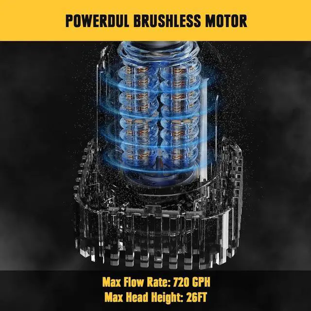 Alt view image 6 of 7 - Cordless Stick Water Transfer Pump Compatible with Dewalt 20V Battery, 720GPH Brushless Deep Well Submersible Pump, Portable Sump Pump Stick Utility Pump for Pool Garden Pond (Tool Only)