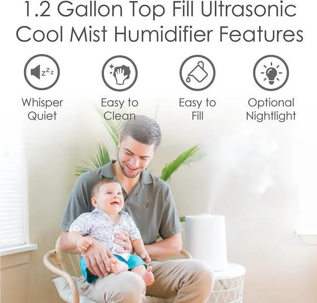Alt view image 6 of 7 - Top Fill Ultrasonic Cool Mist Humidifier for Bedroom and Large Rooms, 1.2 Gallon Essential Oil Diffuser with Nightlight and Auto Shut-Off