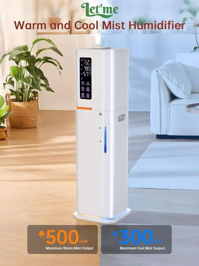 Alt view image 3 of 7 - 2.64Gal Humidifiers for Bedroom Large Room, Warm and Cool Mist up to 500ft², Top Fill Diffuser Ambient Light, 3 Mist Modes, 24H Timer,35dB Quiet Humidifier for Home Office Plant-White