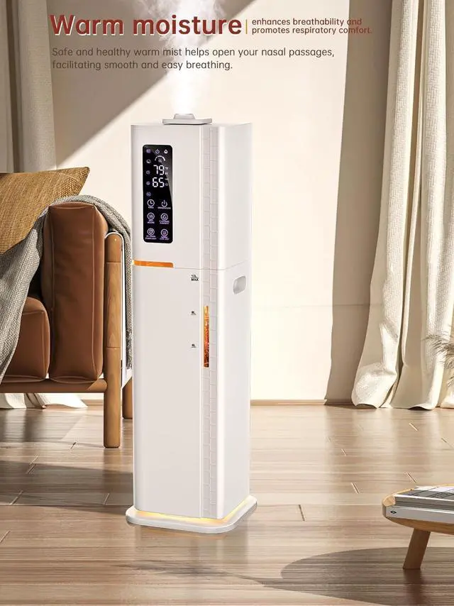Alt view image 4 of 7 - 2.64Gal Humidifiers for Bedroom Large Room, Warm and Cool Mist up to 500ft², Top Fill Diffuser Ambient Light, 3 Mist Modes, 24H Timer,35dB Quiet Humidifier for Home Office Plant-White