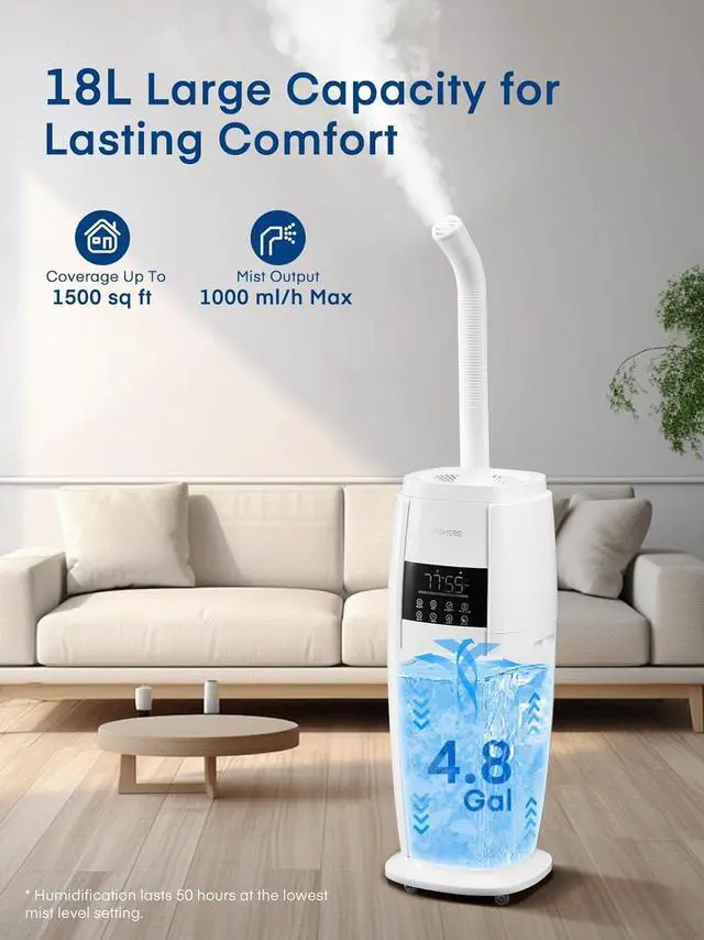 Alt view image 2 of 7 - 4.8Gal/18L Humidifier Large Room, Easy Top Fill Cool Mist Tower Humidifiers Quiet for Home, Indoor Plant, Commercial, Whole House Cover up to 1500ft², with Smart Humidity Sensor, Remote, White