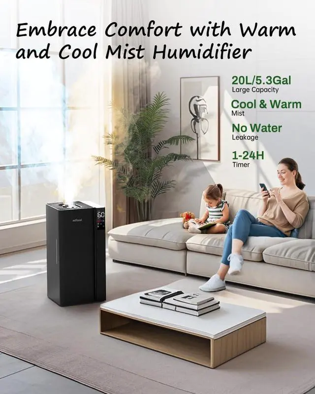 Alt view image 2 of 7 - Cool Mist and Warm Humidifier Large Room, 5.3Gal/20L Whole House Humidifiers for Home, Quickly & Evenly Humidify Larger Areas, Top Fill, Dual Mist Nozzles and Atomizers, Office Plants, Black