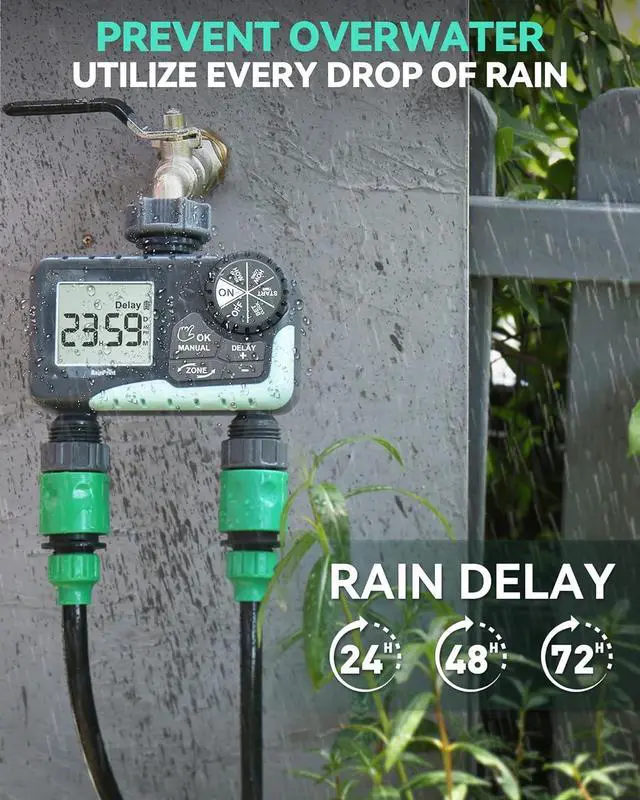 Alt view image 4 of 7 - Water Timer for Garden Hose - 2 Zone Sprinkler Timer with Rain Delay/Manual Watering/Automatic Irrigation Controller System - Water Hose Timer Programmable Faucet Timer for Yard Lawn