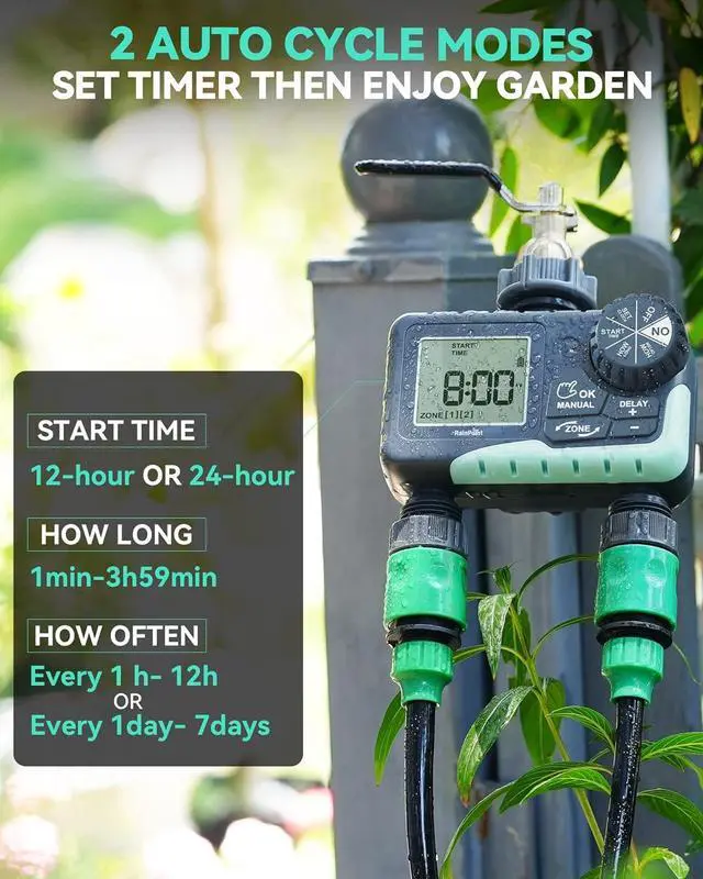 Alt view image 2 of 7 - Water Timer for Garden Hose - 2 Zone Sprinkler Timer with Rain Delay/Manual Watering/Automatic Irrigation Controller System - Water Hose Timer Programmable Faucet Timer for Yard Lawn