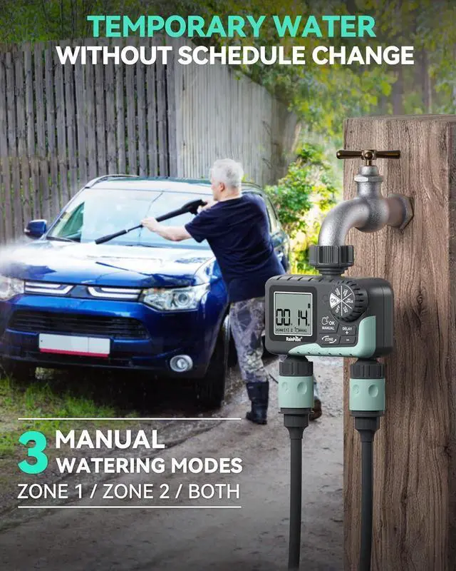 Alt view image 3 of 7 - Water Timer for Garden Hose - 2 Zone Sprinkler Timer with Rain Delay/Manual Watering/Automatic Irrigation Controller System - Water Hose Timer Programmable Faucet Timer for Yard Lawn