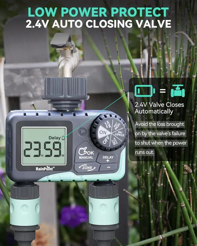 Alt view image 5 of 7 - Water Timer for Garden Hose - 2 Zone Sprinkler Timer with Rain Delay/Manual Watering/Automatic Irrigation Controller System - Water Hose Timer Programmable Faucet Timer for Yard Lawn