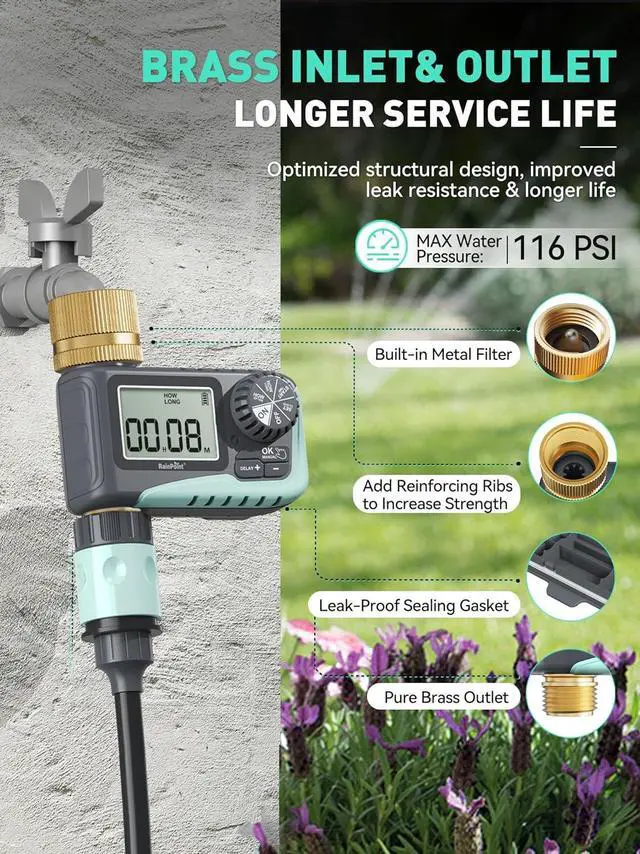 Alt view image 4 of 7 - Sprinkler Timer with Brass Inlet & Outlet, Programmable Hose Timer for Garden Soaker Hose, Water Timer with Rain Delay/Manual Watering System, Digital Drip Irrigation Timer for Yard, Lawn