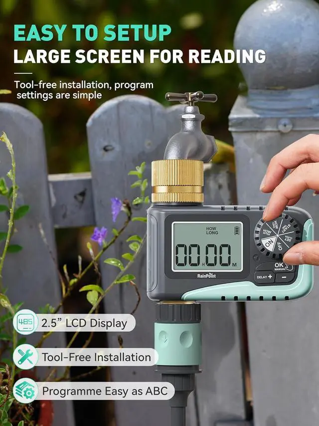 Alt view image 7 of 7 - Sprinkler Timer with Brass Inlet & Outlet, Programmable Hose Timer for Garden Soaker Hose, Water Timer with Rain Delay/Manual Watering System, Digital Drip Irrigation Timer for Yard, Lawn