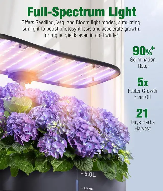 Alt view image 4 of 6 - 15 Pods Hydroponic Growing System Herb Garden Kit Indoor,5L Large Tank Plant Germination Kit with Adjustable Height Grow Light to 20", Quiet Pump, Auto Timer, Gardening Christmas Gifts