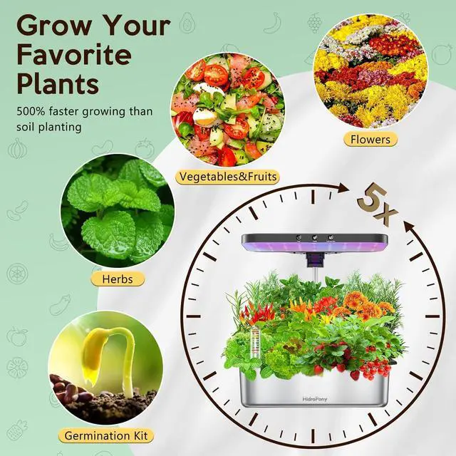 Alt view image 2 of 7 - Growing System Herb Garden - HidroPony 15 Pods Indoor Gardening System with Grow Light, Stainless Steel Plants Germination Kit with Quiet Pump System, Gardening Gifts for Women