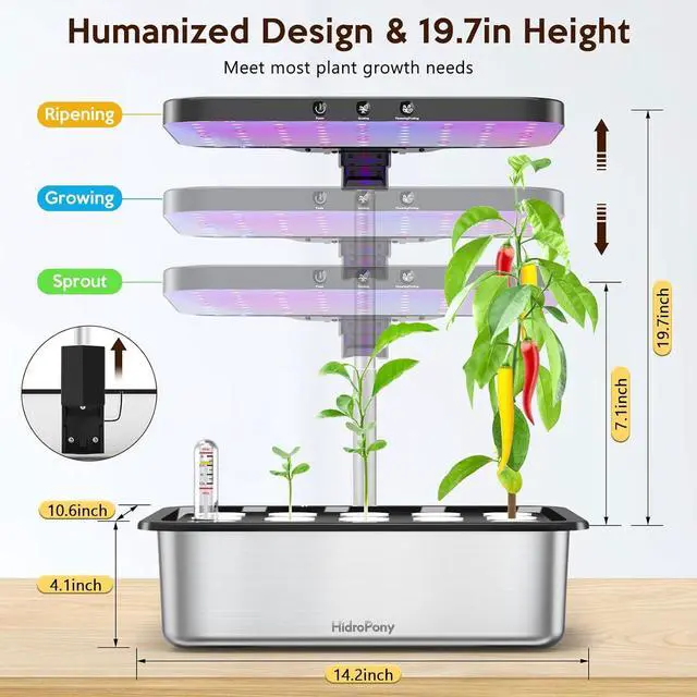 Alt view image 7 of 7 - Growing System Herb Garden - HidroPony 15 Pods Indoor Gardening System with Grow Light, Stainless Steel Plants Germination Kit with Quiet Pump System, Gardening Gifts for Women