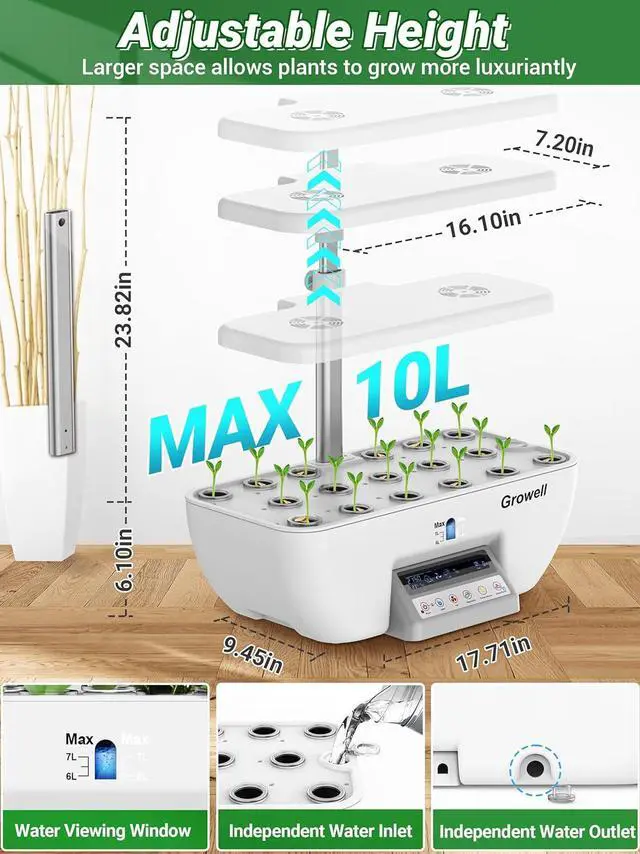 Alt view image 5 of 7 - Growing System Kit, Growell 17 Pods Herb Garden with 102 28W Full-Spectrum Grow Lights & 2 Fans, Indoor Garden with Water Pump, 10L Water Tank, Auto Timer, Height Adjustable (White & Grey)