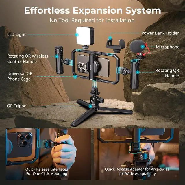 Alt view image 2 of 7 - All-in-One Phone Cage Video Rig Kit for iPhone, Phone Stabilizer Rig Kit w LED Light Microphone Dual Handles QR Tripod Power Bank Holder, for YouTube Video Recording