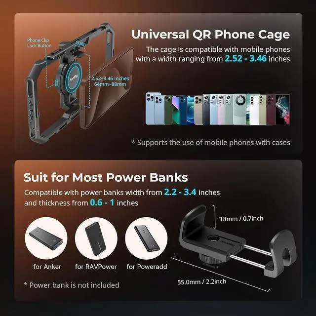 Alt view image 3 of 7 - All-in-One Phone Cage Video Rig Kit for iPhone, Phone Stabilizer Rig Kit w LED Light Microphone Dual Handles QR Tripod Power Bank Holder, for YouTube Video Recording