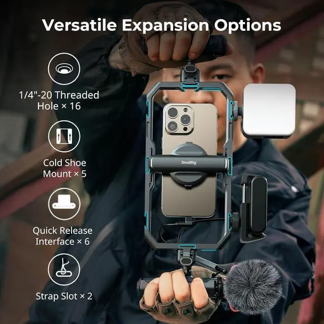 Alt view image 7 of 7 - All-in-One Phone Cage Video Rig Kit for iPhone, Phone Stabilizer Rig Kit w LED Light Microphone Dual Handles QR Tripod Power Bank Holder, for YouTube Video Recording
