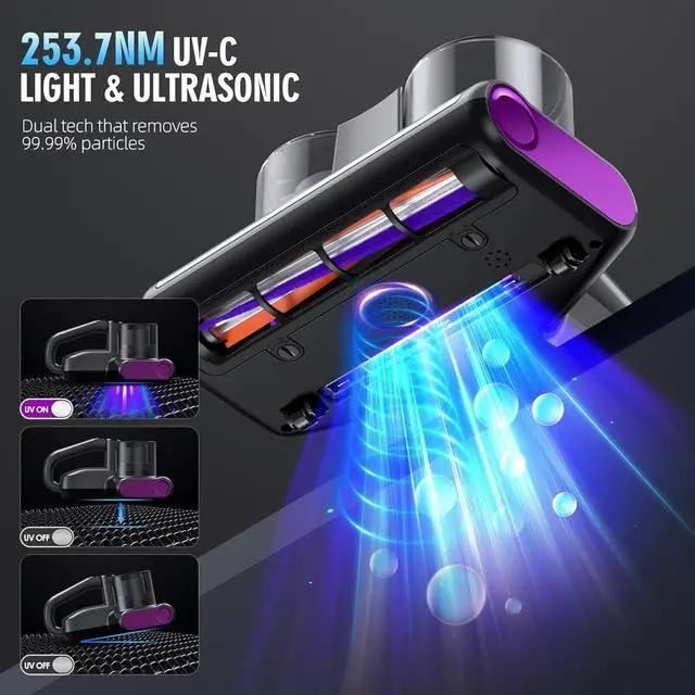 Alt view image 3 of 7 - Mattress Vacuum Bed Cleaner with UV 16Kpa Suction HEPA Filter 253.7nm UV-C Light & 30000 Rpm/Min Brushroll Rotation Heating Ultrasonic Quintuple Tech, Widened Port, 500W, Corded by DT