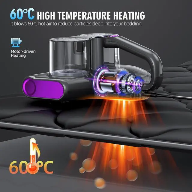 Alt view image 5 of 7 - Mattress Vacuum Bed Cleaner with UV 16Kpa Suction HEPA Filter 253.7nm UV-C Light & 30000 Rpm/Min Brushroll Rotation Heating Ultrasonic Quintuple Tech, Widened Port, 500W, Corded by DT