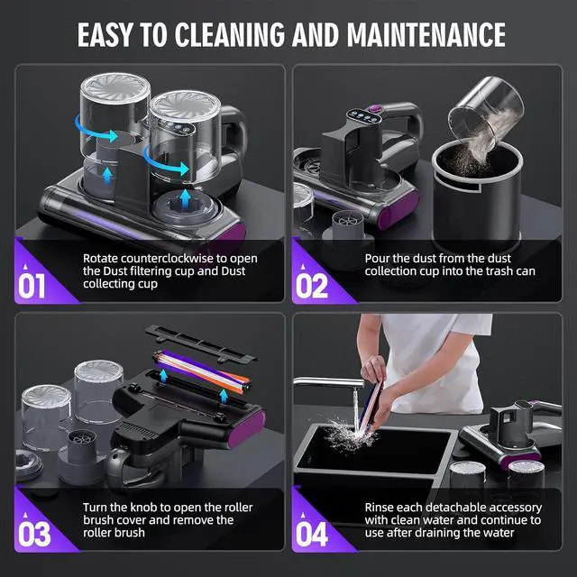Alt view image 7 of 7 - Mattress Vacuum Bed Cleaner with UV 16Kpa Suction HEPA Filter 253.7nm UV-C Light & 30000 Rpm/Min Brushroll Rotation Heating Ultrasonic Quintuple Tech, Widened Port, 500W, Corded by DT