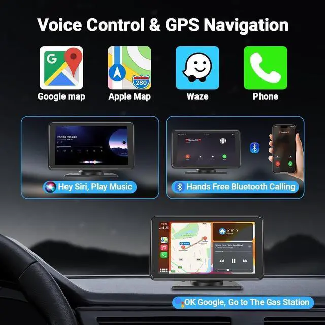 Alt view image 7 of 7 - Wireless Car Stereo Compatible with  CarPlay and Android Auto,7" HD Portable Bluetooth CarPlay Touch Screen for Car,with Backup Camera Car Play for All Cars