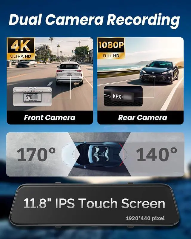 Alt view image 3 of 7 - 4K Rear View Mirror Camera with Carplay&Android Auto,12" Mirror Dash Cam Front and Rear with Voice Control for Cars&Trucks,Smart Touch Screen,64GB Card Included/Loop Record/Reverse Assist