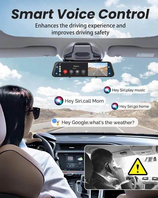 Alt view image 5 of 7 - 4K Rear View Mirror Camera with Carplay&Android Auto,12" Mirror Dash Cam Front and Rear with Voice Control for Cars&Trucks,Smart Touch Screen,64GB Card Included/Loop Record/Reverse Assist