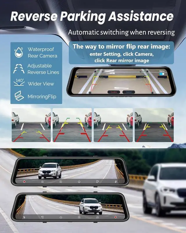 Alt view image 6 of 7 - 4K Rear View Mirror Camera with Carplay&Android Auto,12" Mirror Dash Cam Front and Rear with Voice Control for Cars&Trucks,Smart Touch Screen,64GB Card Included/Loop Record/Reverse Assist