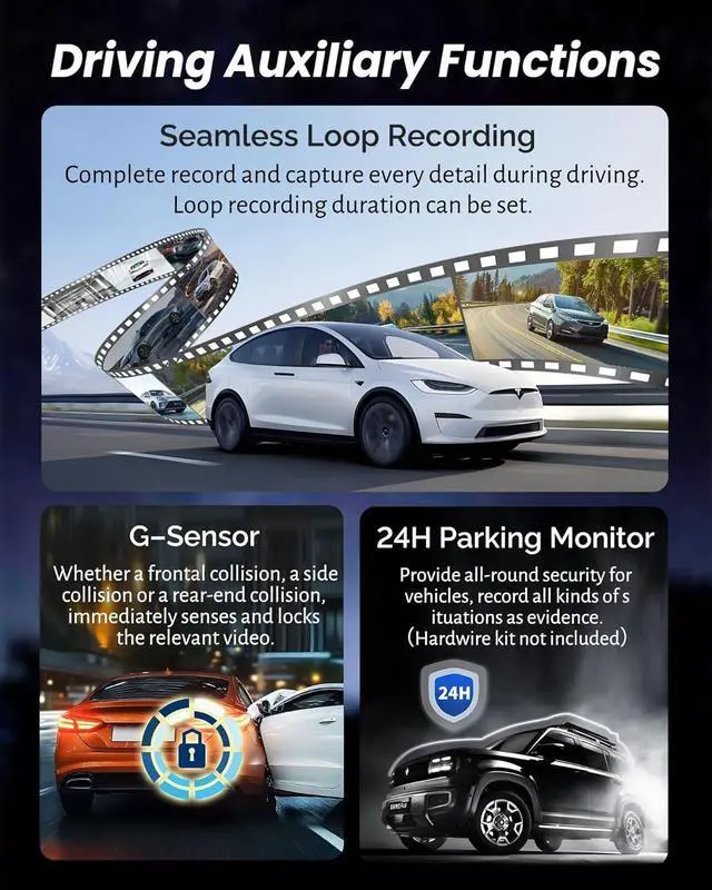 Alt view image 7 of 7 - 4K Rear View Mirror Camera with Carplay&Android Auto,12" Mirror Dash Cam Front and Rear with Voice Control for Cars&Trucks,Smart Touch Screen,64GB Card Included/Loop Record/Reverse Assist