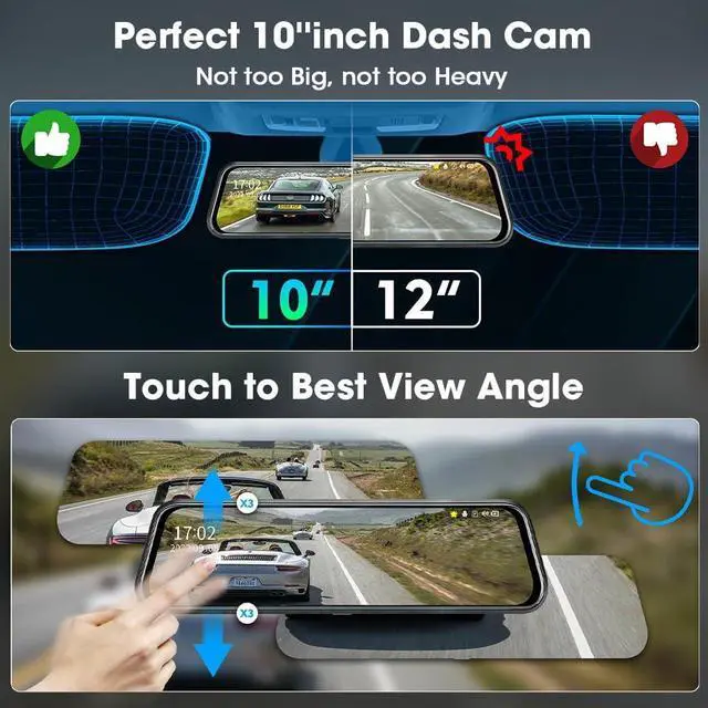 Alt view image 3 of 7 - Upgraded 10'' Rear View Mirror Camera Mirror Dash Cam Front and Rear 1080P Backup Camera Full Touch Screen w Loop Recording, G-Sensor Night Vision 170° Wide Angle