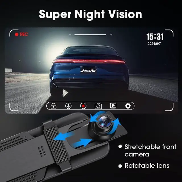 Alt view image 4 of 7 - Upgraded 10'' Rear View Mirror Camera Mirror Dash Cam Front and Rear 1080P Backup Camera Full Touch Screen w Loop Recording, G-Sensor Night Vision 170° Wide Angle