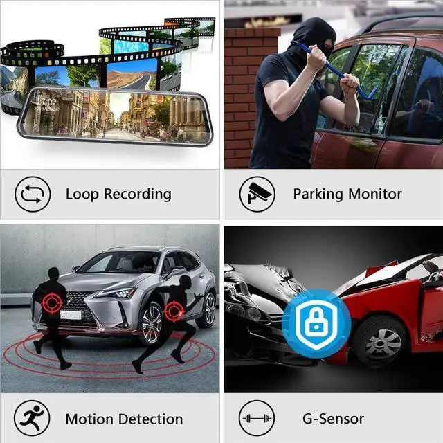 Alt view image 6 of 7 - Upgraded 10'' Rear View Mirror Camera Mirror Dash Cam Front and Rear 1080P Backup Camera Full Touch Screen w Loop Recording, G-Sensor Night Vision 170° Wide Angle