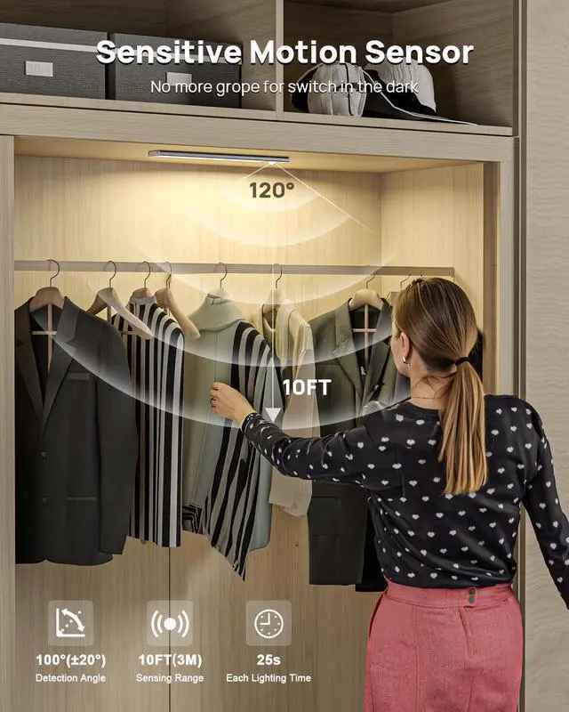 Alt view image 3 of 7 - Under Cabinet Lighting with Remote Control,2500mAh USB Rechargeable Motion Sensor Light Indoor,350 Lumen LED Closet Lights,3 Color Temps Wireless Under Counter Lights for Kitchen,Pantry, Stair,4 Pack