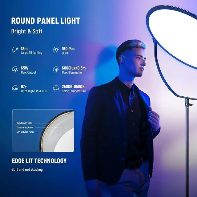 Alt view image 2 of 7 - 18" RGB LED Round Panel Video Light with APP Control, 65W 6000Lux/0.5m 2500K-8500K RGBCW Photography Studio Lighting /18 Scenes/V Battery Powered for Outdoor Filming Recording Streaming, GR18C