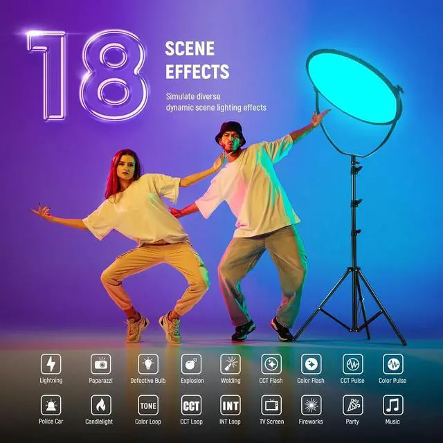 Alt view image 4 of 7 - 18" RGB LED Round Panel Video Light with APP Control, 65W 6000Lux/0.5m 2500K-8500K RGBCW Photography Studio Lighting /18 Scenes/V Battery Powered for Outdoor Filming Recording Streaming, GR18C