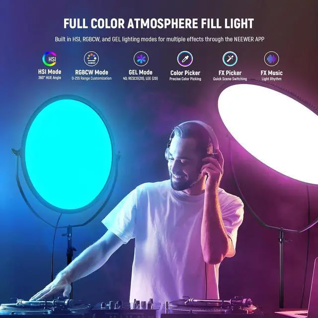 Alt view image 3 of 7 - 18" RGB LED Round Panel Video Light with APP Control, 65W 6000Lux/0.5m 2500K-8500K RGBCW Photography Studio Lighting /18 Scenes/V Battery Powered for Outdoor Filming Recording Streaming, GR18C