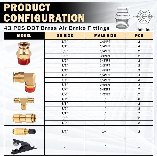 Alt view image 3 of 6 - 43 PCS Brass DOT Air Brake Line Fittings 1/4" 3/8" 1/2" Push to Connect Fittings Quick Connect & NPT Thread Tube Air Hose Fittings Repair Kit for Truck or Industrial Air System