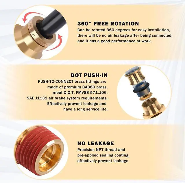 Alt view image 5 of 6 - 43 PCS Brass DOT Air Brake Line Fittings 1/4" 3/8" 1/2" Push to Connect Fittings Quick Connect & NPT Thread Tube Air Hose Fittings Repair Kit for Truck or Industrial Air System
