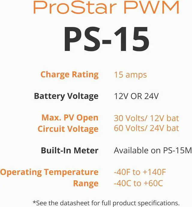 Alt view image 5 of 6 - Prostar 15A PWM Solar Charge Controller (PS-15) - ligent Solar Panel Regulator, Supports 12V/24V LA/Lithium Batteries, LVD/Lighting Control, HazLoc Rated, Low Noise - Designed in USA
