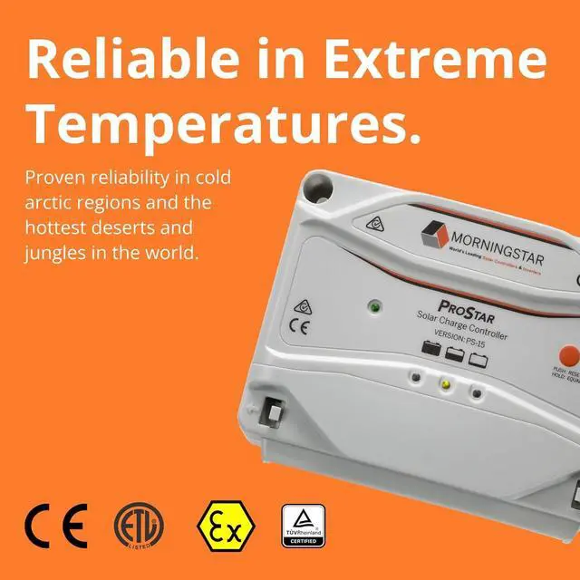Alt view image 6 of 6 - Prostar 15A PWM Solar Charge Controller (PS-15) - ligent Solar Panel Regulator, Supports 12V/24V LA/Lithium Batteries, LVD/Lighting Control, HazLoc Rated, Low Noise - Designed in USA