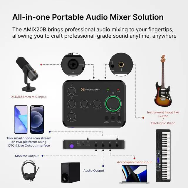 Alt view image 2 of 7 - Audio Interface for Recording, Streaming, Podcasting, Rechargeable Audio Mixer with Pro-preamp, 8 Channel, XLR, 48V Phantom Power, Line & DI Inputs, Bluetooth, for PC & Smphone (AMIX20B)