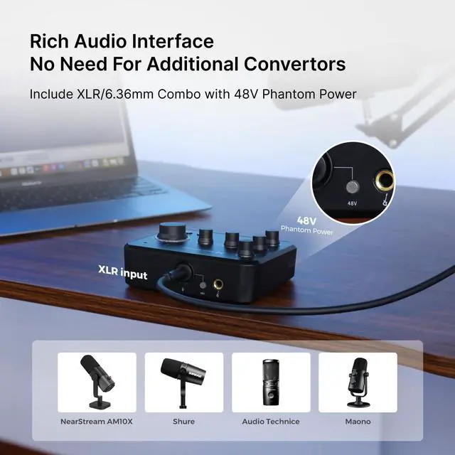 Alt view image 3 of 7 - Audio Interface for Recording, Streaming, Podcasting, Rechargeable Audio Mixer with Pro-preamp, 8 Channel, XLR, 48V Phantom Power, Line & DI Inputs, Bluetooth, for PC & Smphone (AMIX20B)