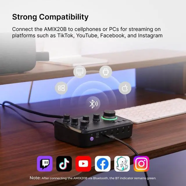Alt view image 7 of 7 - Audio Interface for Recording, Streaming, Podcasting, Rechargeable Audio Mixer with Pro-preamp, 8 Channel, XLR, 48V Phantom Power, Line & DI Inputs, Bluetooth, for PC & Smphone (AMIX20B)