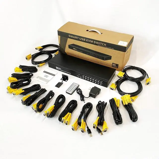 Alt view image 6 of 7 - 16 Port KVM Switch,Yinker Rack KVM Console VGA 16x1 w/16-Pack Cables IR Remote & Ears Support HD 1080P 1U Rack Cabinet