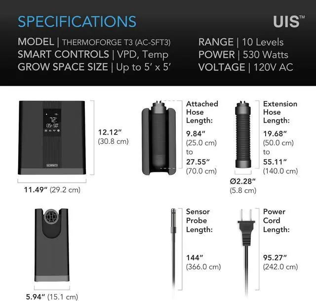 Alt view image 7 of 7 - THERMOFORGE T3, Environmental Grow Tent Heater with VPD Temperature Controller, 10-Level PTC Heating and Included Extension Hose for Tents, Rooms, Greenhouses