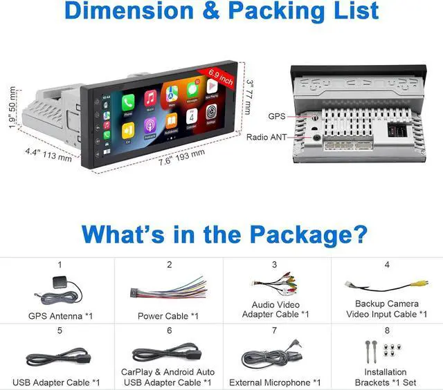 Alt view image 7 of 7 - Single Din Touchscreen Car Stereo CarPlay Wireless Android Auto, 6.9 Inch Radio Multimedia with GPS Navigation Hands Free Calling WiFi FM SWC USB, Bluetooth Car Audio Receiver