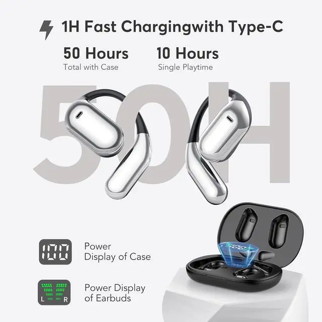 Alt view image 6 of 7 - EUQQ Open Ear Bluetooth 5.4 Earbuds, Wireless Headphones Sport Over Earphones Built-in Mic with Ear Hooks 50H Playtime with LED Display Charging Case Ergonomic IPX7 Waterproof for Running Fitness