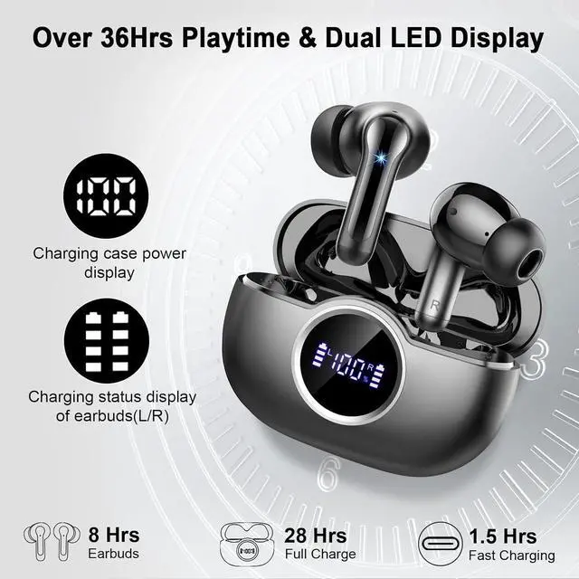 Alt view image 5 of 7 - Wireless Earbuds Bluetooth Headphones, BT5.4 Deep Bass Hi-Fi Stereo Ear Buds, 4 ENC Noise Cancelling Mic, 36Hrs USB-C in-Ear Earphone, IP7 Waterproof Sport Workout for Laptop Pad Android iOS Phone