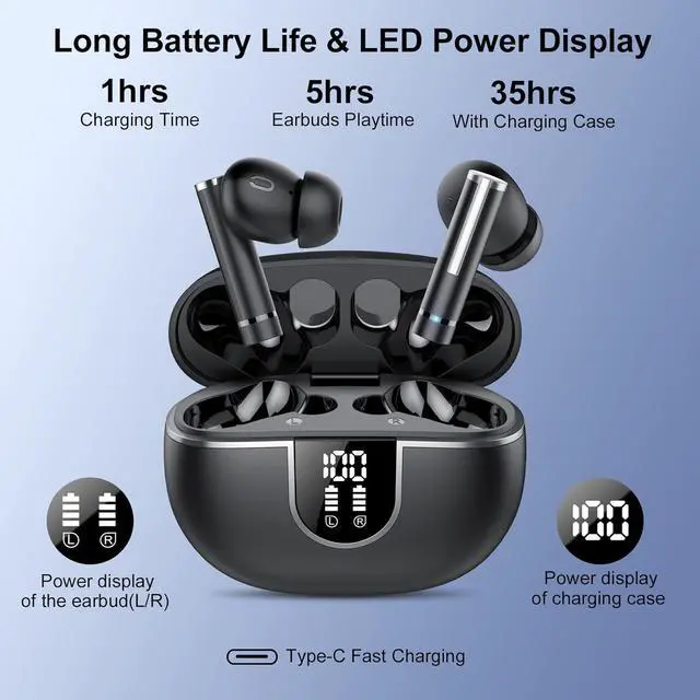 Alt view image 4 of 7 - Wireless Earbuds Bluetooth Headphones, Bluetooth 5.3 Earbuds HiFi Stereo with 4 ENC Mic Call, 2023 New 40Hrs Ear Buds with LED Display, IP7 Waterproof in Ear Earphones for Work/Home/Office (Black)