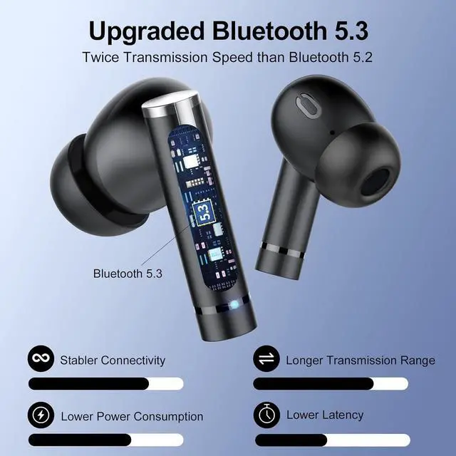 Alt view image 2 of 7 - Wireless Earbuds Bluetooth Headphones, Bluetooth 5.3 Earbuds HiFi Stereo with 4 ENC Mic Call, 2023 New 40Hrs Ear Buds with LED Display, IP7 Waterproof in Ear Earphones for Work/Home/Office (Black)
