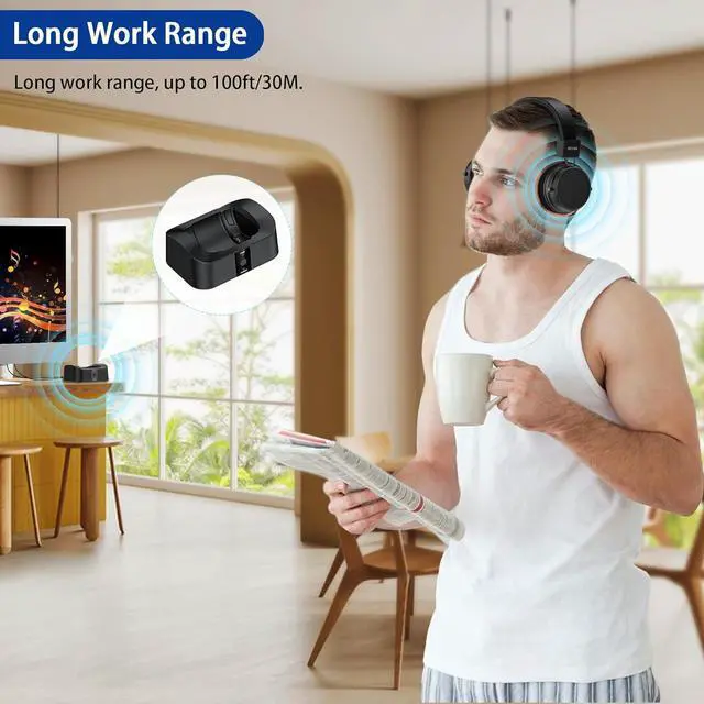 Alt view image 7 of 7 - BTH02 Wireless Headphones for TV Watching with Bluetooth Transmitter Charging Dock, Wireless TV Headsets for Seniors, 100ft Range No Audio Delay